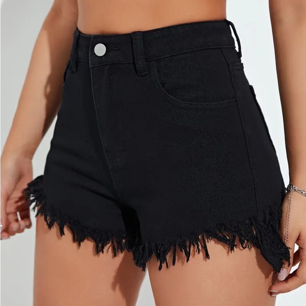 Black Frayed Distressed High Waist Stretch Women’s Shorts Medium
